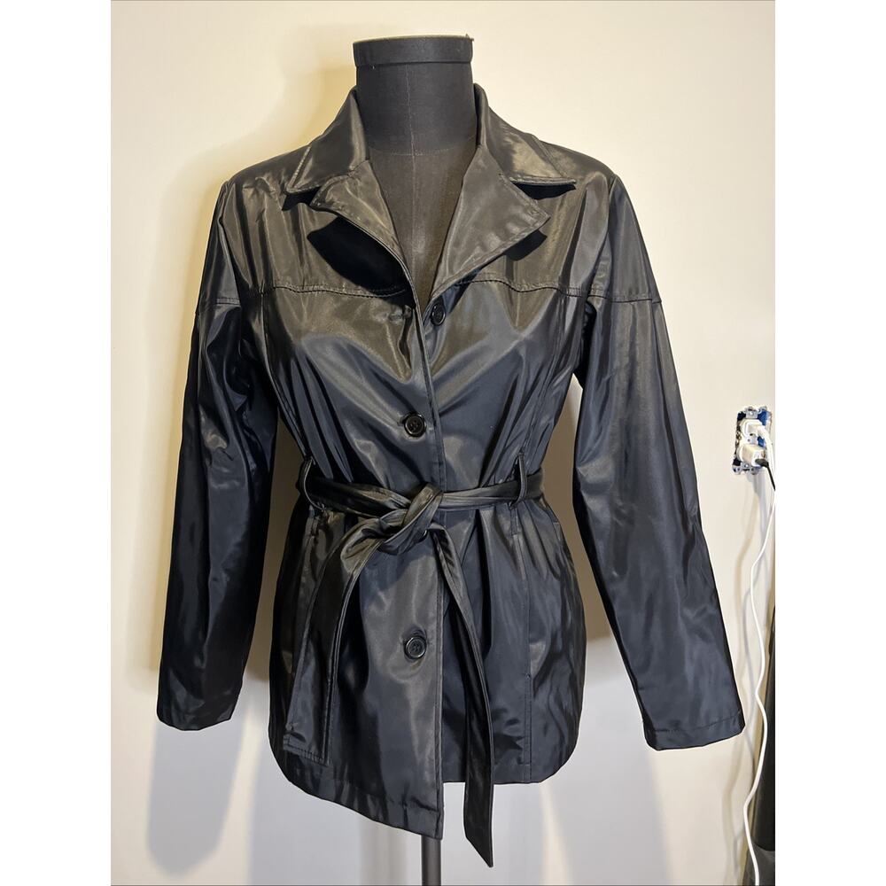 Rave Black Belted Trench Jacket Coat Large Vintage‎ Y2K Style